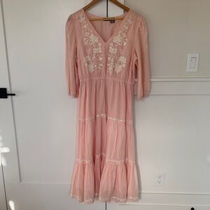 Lucky Brand Pink Cotton Floral Embroidered Midi Dress Boho Cottage-core Size L